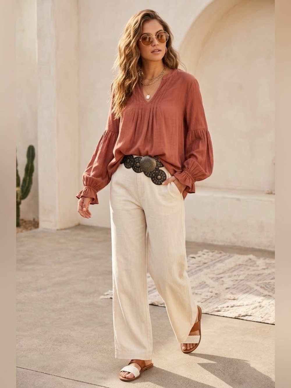 Elegant V Neckline Blouse w/ Balloon Sleeves in Rusty Terracotta